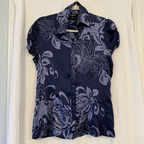 Vintage 90s Y2K Bebe Top Silk Button Blouse Collared Blue Floral Women's Large - Picture 1 of 16